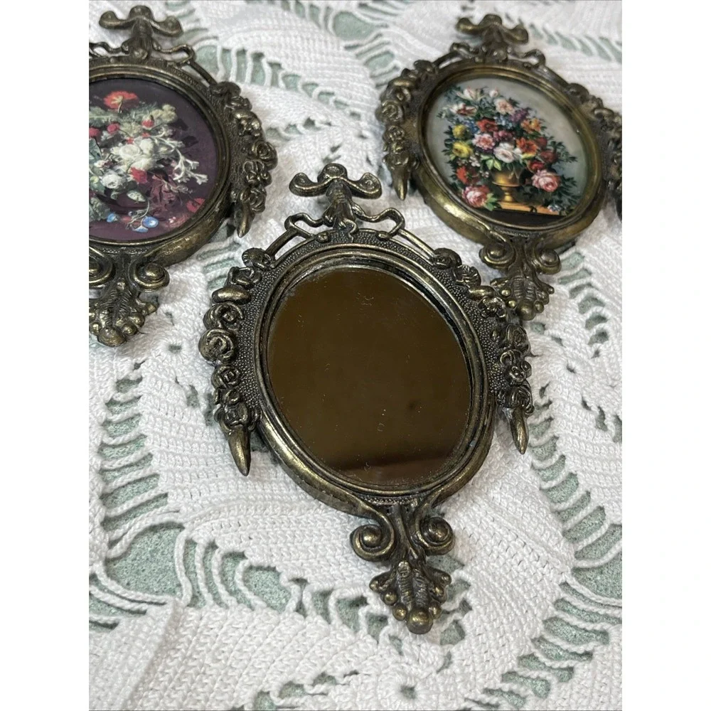 Vintage Victorian Brass Ornate Frames Floral Art and Mirrors Italy Set of 3